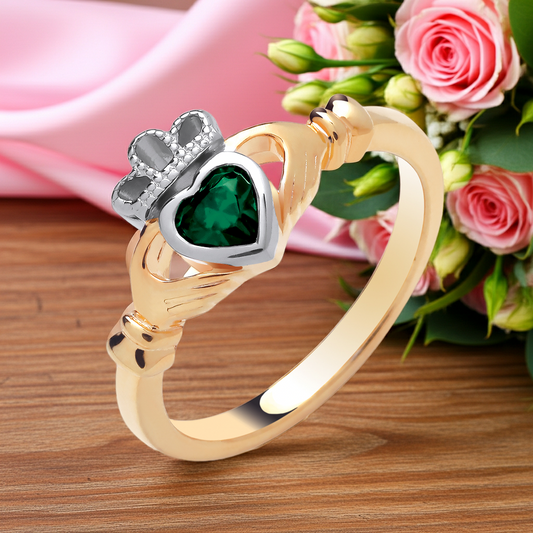 18ct Gold Emerald Claddagh Ring on Solid Sterling Silver  925 Hallmark