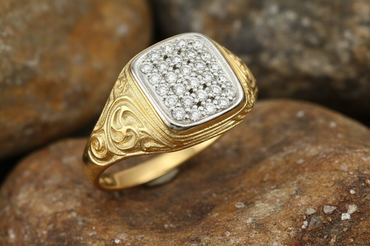 9ct Yellow Gold Men's Signet Ring Cubic Zirconia Hallmarked