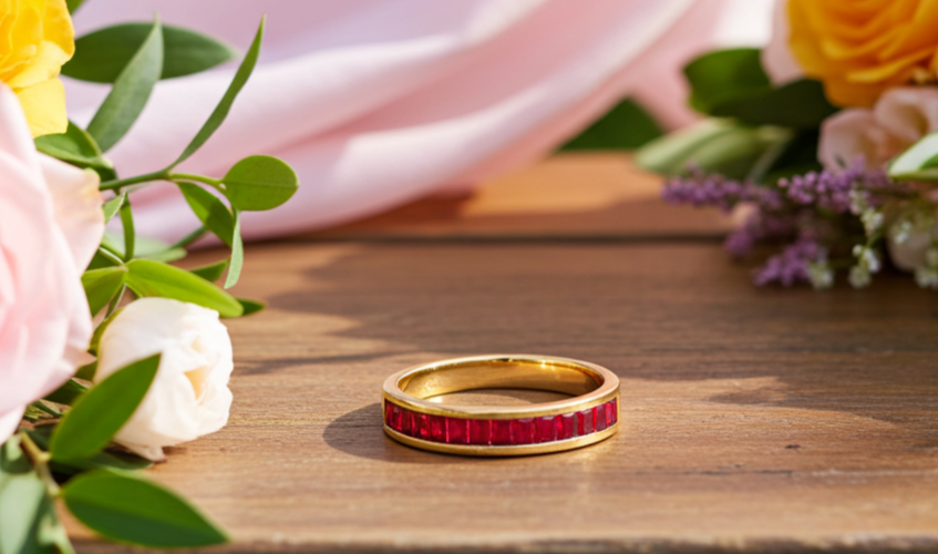 18ct Gold Ruby Baguette Eternity Ring on Solid Sterling Silver 925 Hallmarked