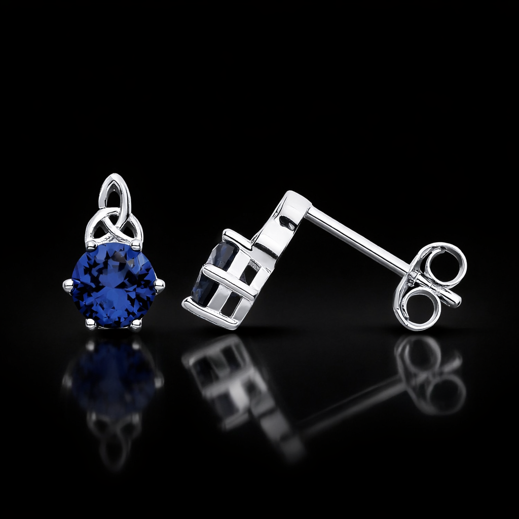 Sapphire Celtic Stud Earrings Solid Sterling Silver 925 Hallmark Rhodium Finish