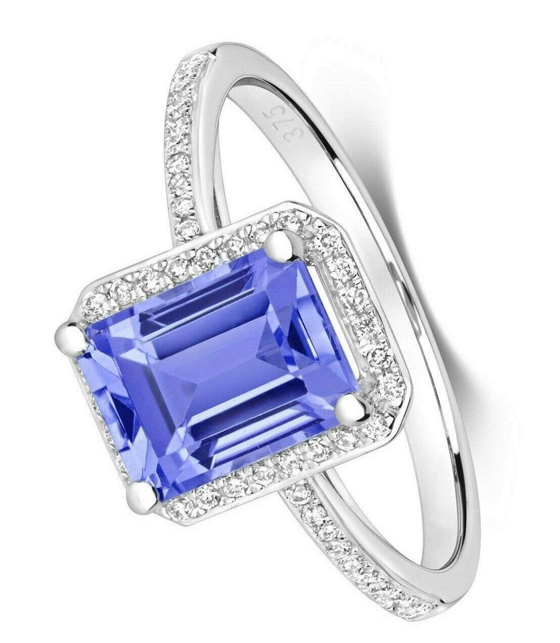 Real Tanzanite and Diamond Ring 9ct White Gold Emerald Cut Engagement Size J - Q
