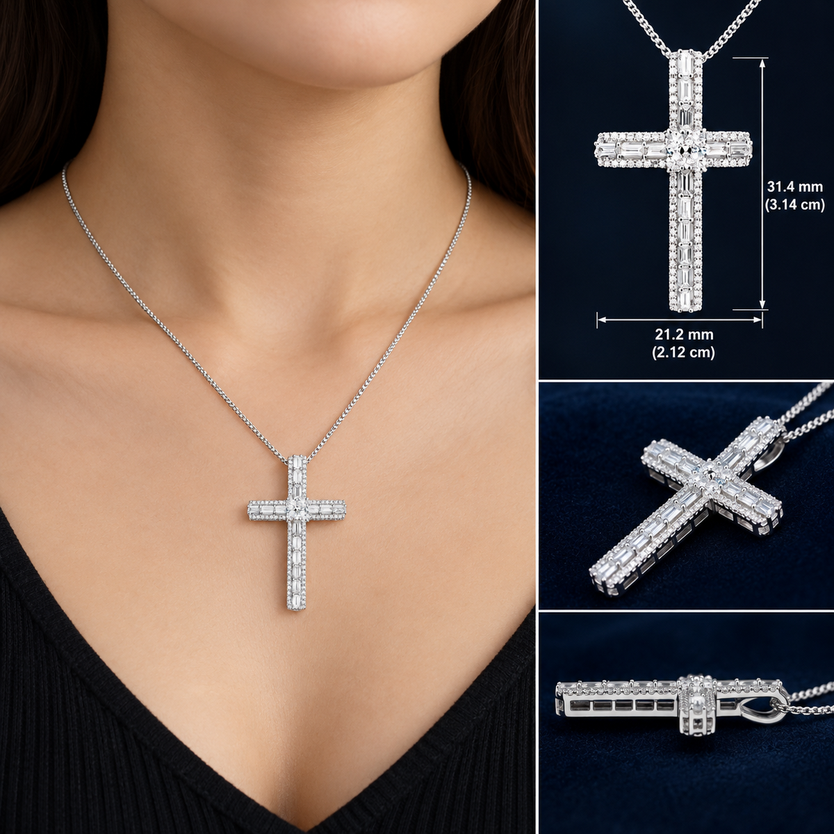 1 Carat Diamond Cross Pendant 18ct White Gold Baguette 18"/45cm Genuine Diamonds
