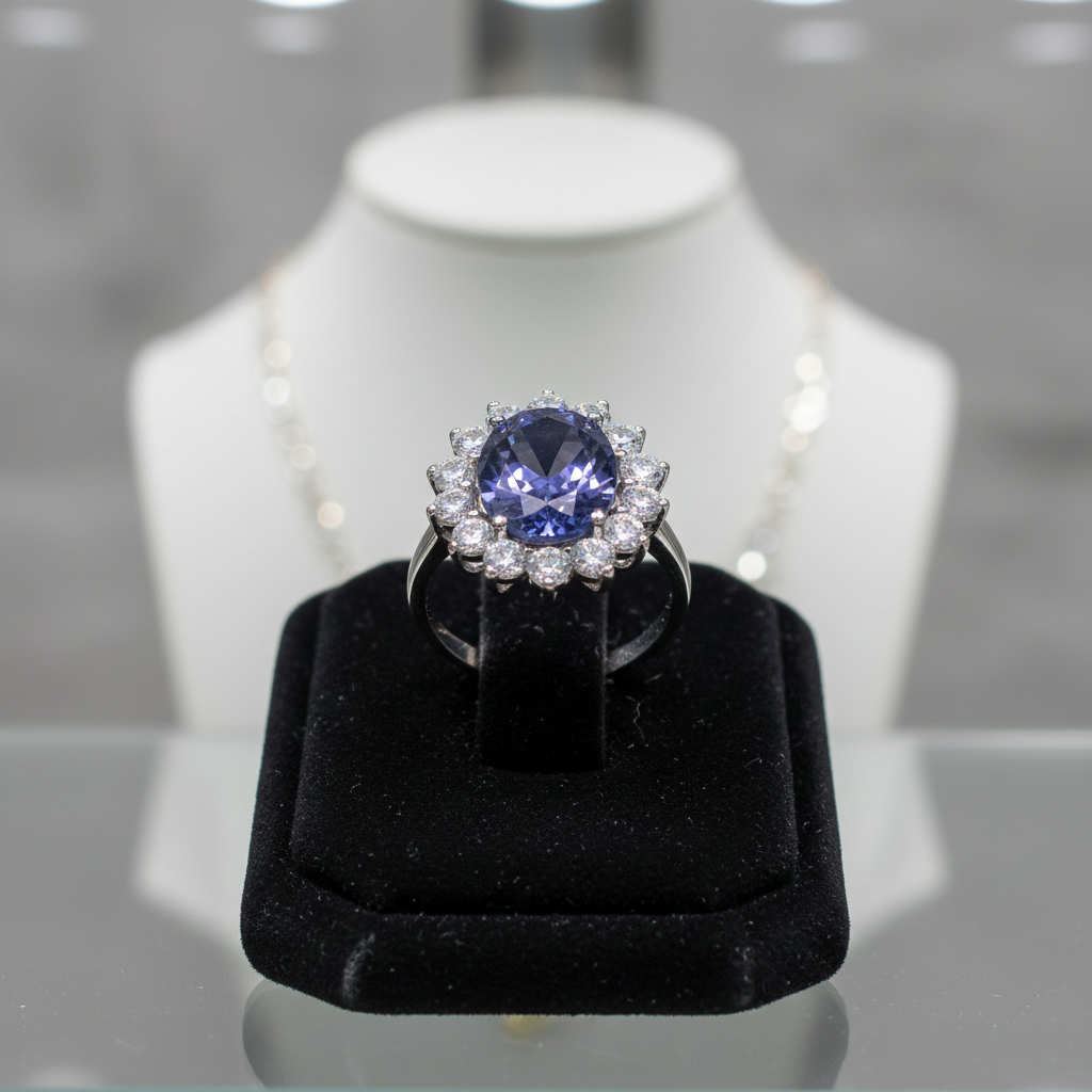 Sterling Silver Large Tanzanite Ring Cluster Engagement 925 Hallmark Size K-S