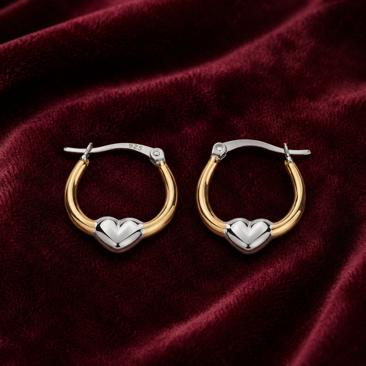 Two Tone Oval Creole Hoop Earrings Heart Design 18ct Gold on Sterling Silver 925