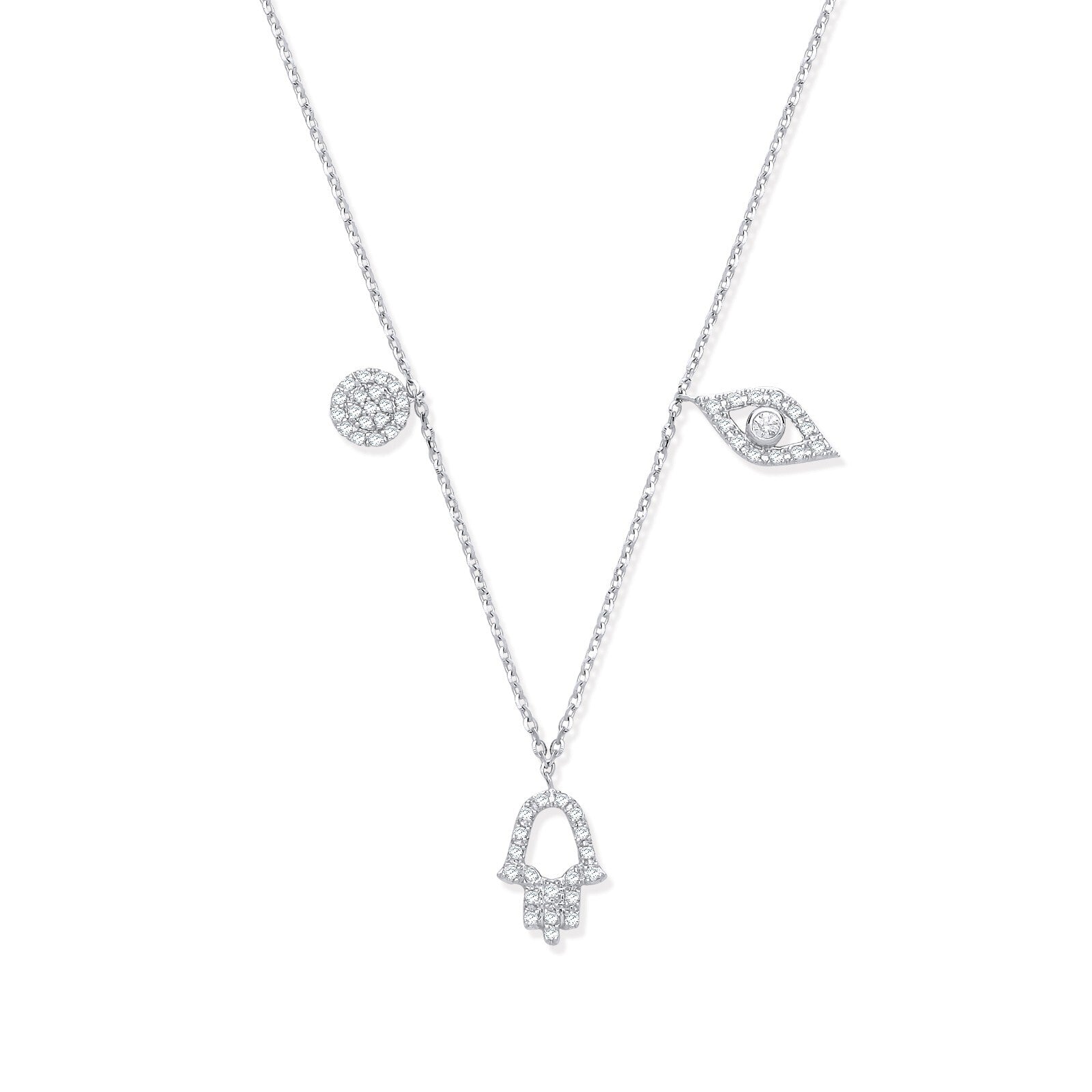 9ct White Gold 0.22ctw Diamond Evil Eye, Hamsa & Circle Necklace 16 - 18" Length