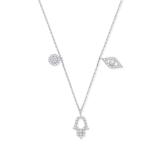 9ct White Gold 0.22ctw Diamond Evil Eye, Hamsa & Circle Necklace 16 - 18" Length