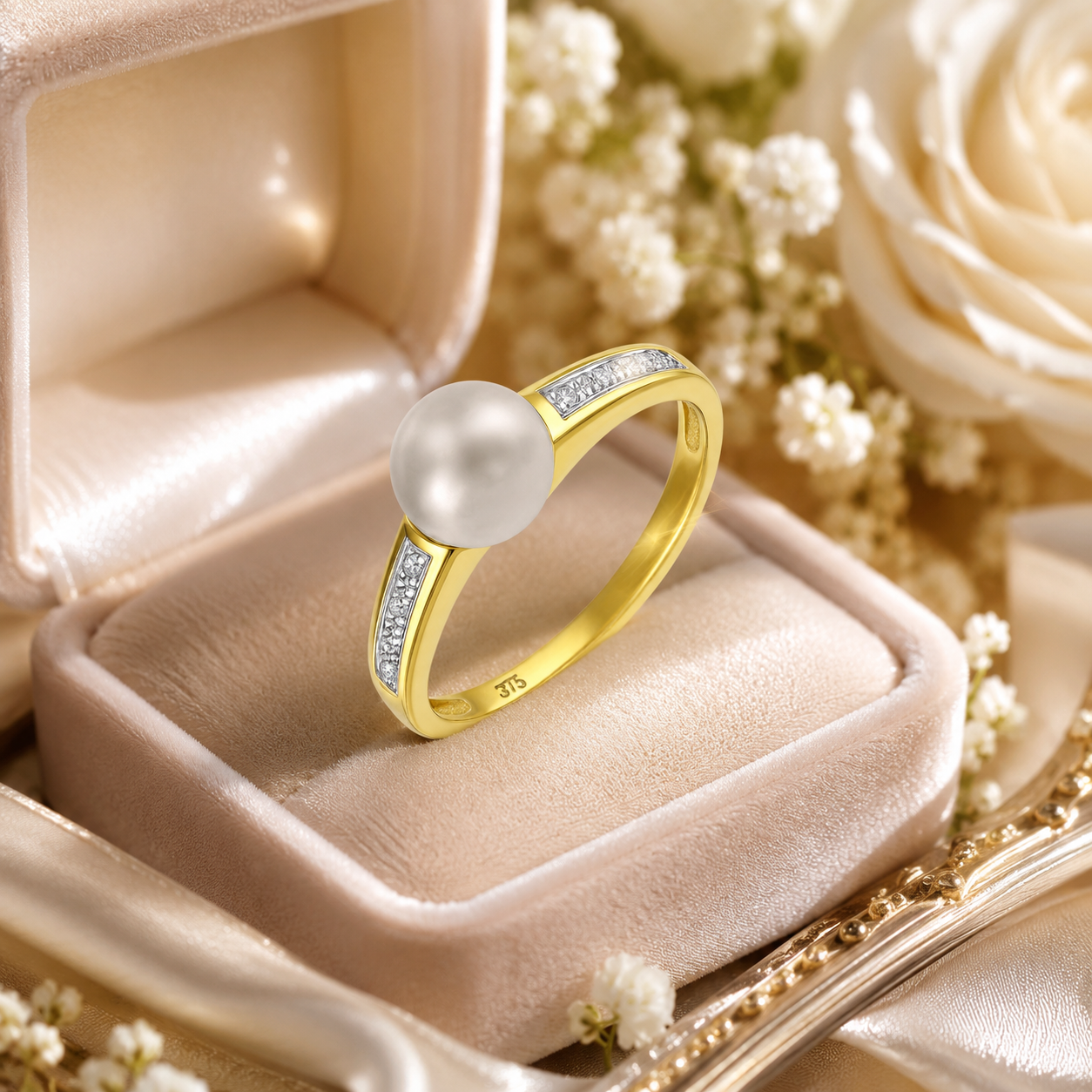 9ct Yellow Gold Cultured Freshwater Pearl & Diamond Accent Ring