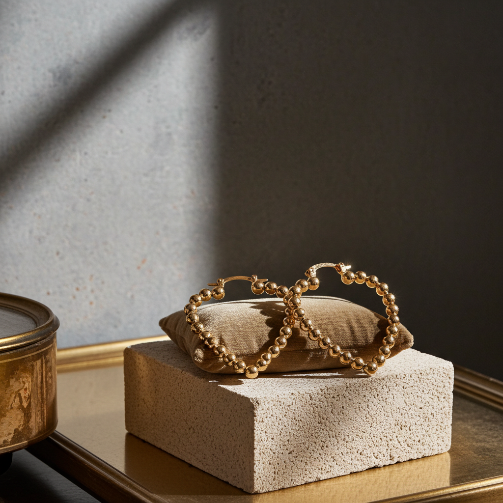 18ct Gold Heart Hoop Earrings With Moveable Beads on Sterling Silver 925 34mm