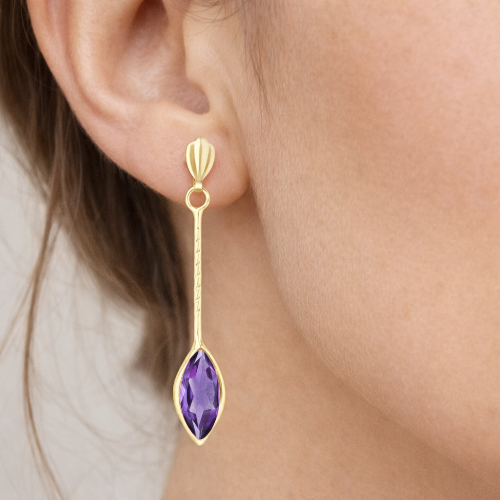 Natural Amethyst Marquise Earrings Solid 9ct Yellow Gold Stick Drops Hallmarked