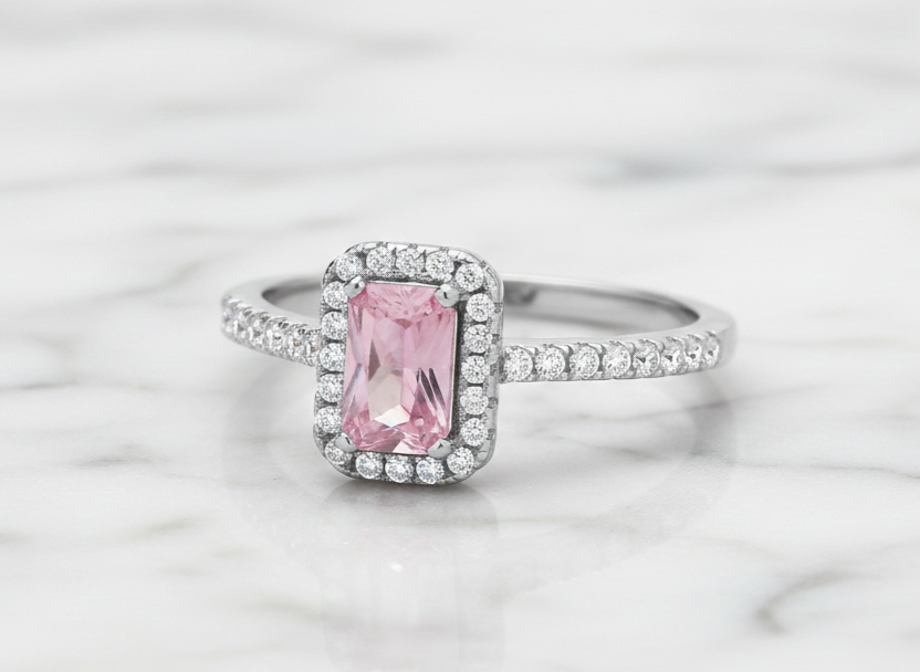 Sterling Silver Pink Topaz Ring Halo Cluster Engagement 925 Hallmark Size K-S
