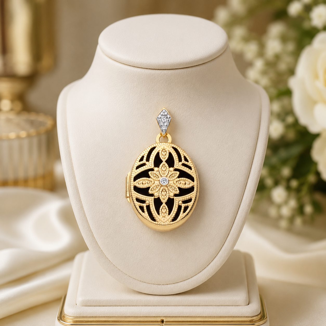 Vintage Oval Locket Pendant with Natural Diamond 18ct Gold on Solid Silver 18"