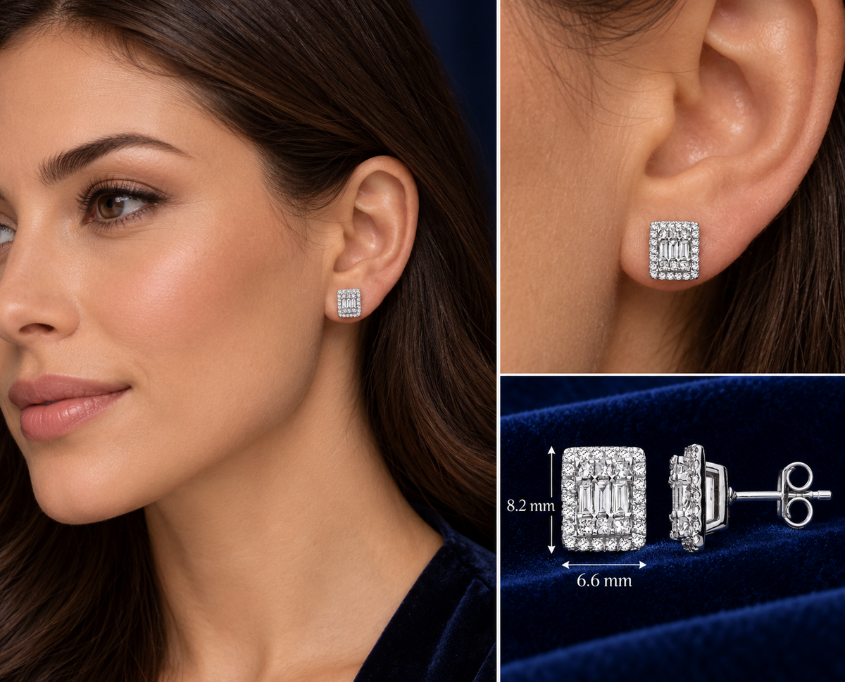 Real Diamond Rectangular Stud Earrings 18ct White Gold 0.50ctw Mined Diamonds