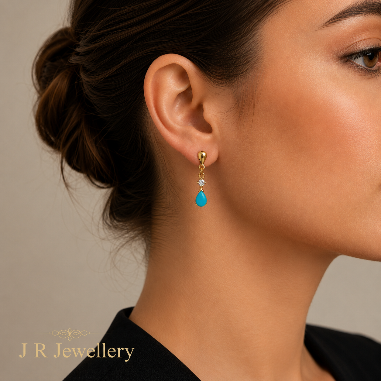 9ct Gold Genuine Turquoise Teardrop Drop Earrings With Diamond 21mm Drop