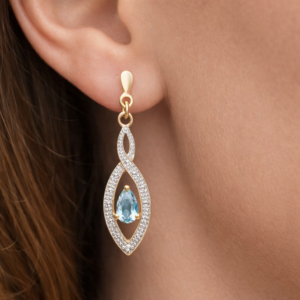 Natural Blue Topaz and Diamond Earrings Solid 9ct Yellow Gold Drops Hallmarked