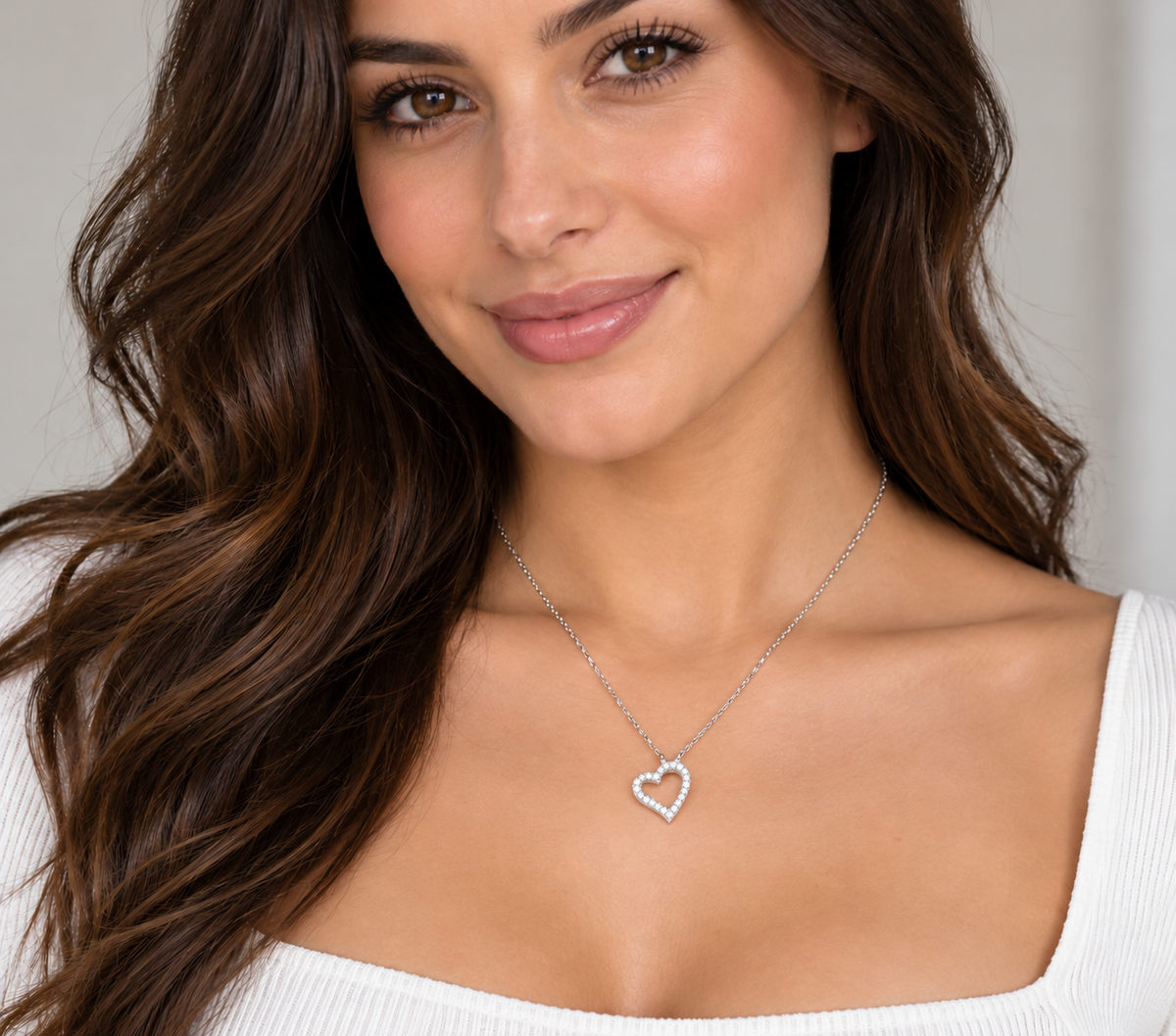 Diamond Open Heart Pendant 9ct White Gold 18" Chain Romantic Gift for Her