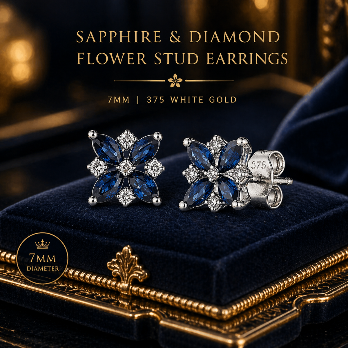 Natural Sapphire and Diamond Flower Earrings Solid 9ct White Gold Hallmarked