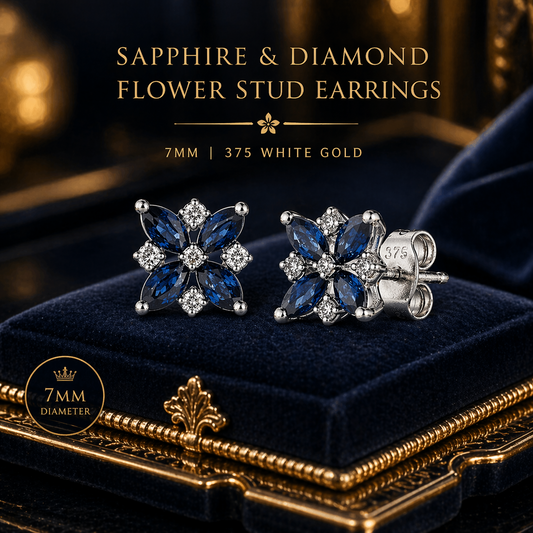 Natural Sapphire and Diamond Flower Earrings Solid 9ct White Gold Hallmarked