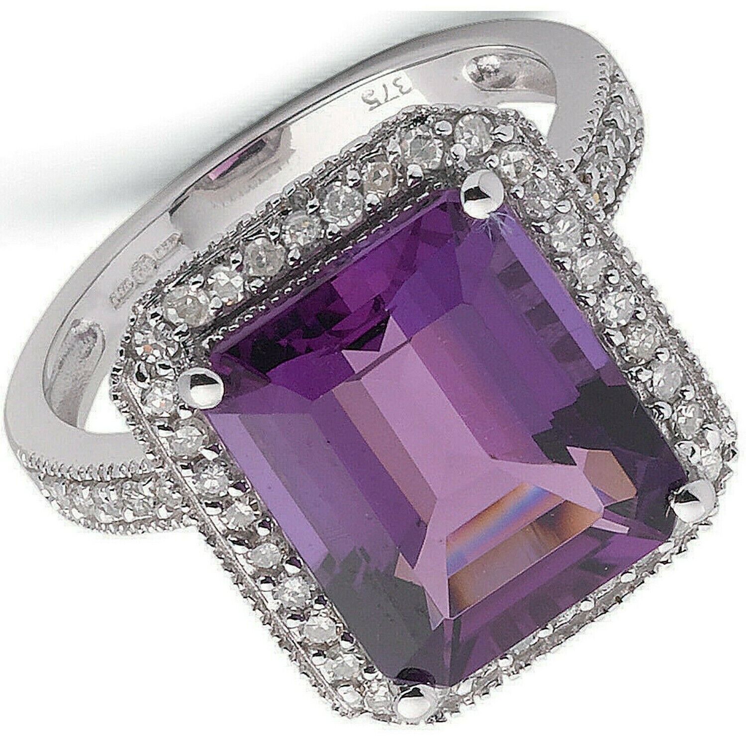 Real Amethyst and Diamond ring 9ct White Gold Cocktail Statement Size K - Q