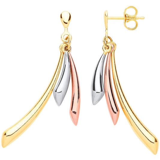 Three Horn Drop Earrings 9ct Yellow, White & Rose Gold Hallmarked 45mm Drops