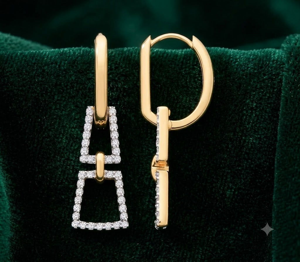 Real Diamond Geometric Drop Earrings 9k Yellow Gold Hoop Dangle Modern Design