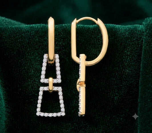 Real Diamond Geometric Drop Earrings 9k Yellow Gold Hoop Dangle Modern Design