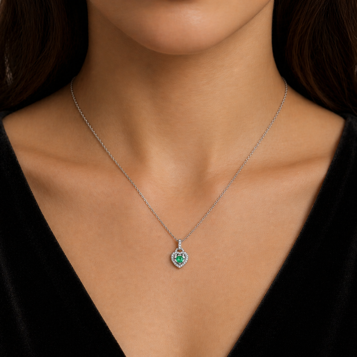 Emerald Heart Necklace With Diamond Solid White Gold 18" 46cm Length Chain