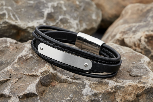 Fred Bennett Multi Strand Woven Black Leather & ID Bracelet 21cm Free Engraving