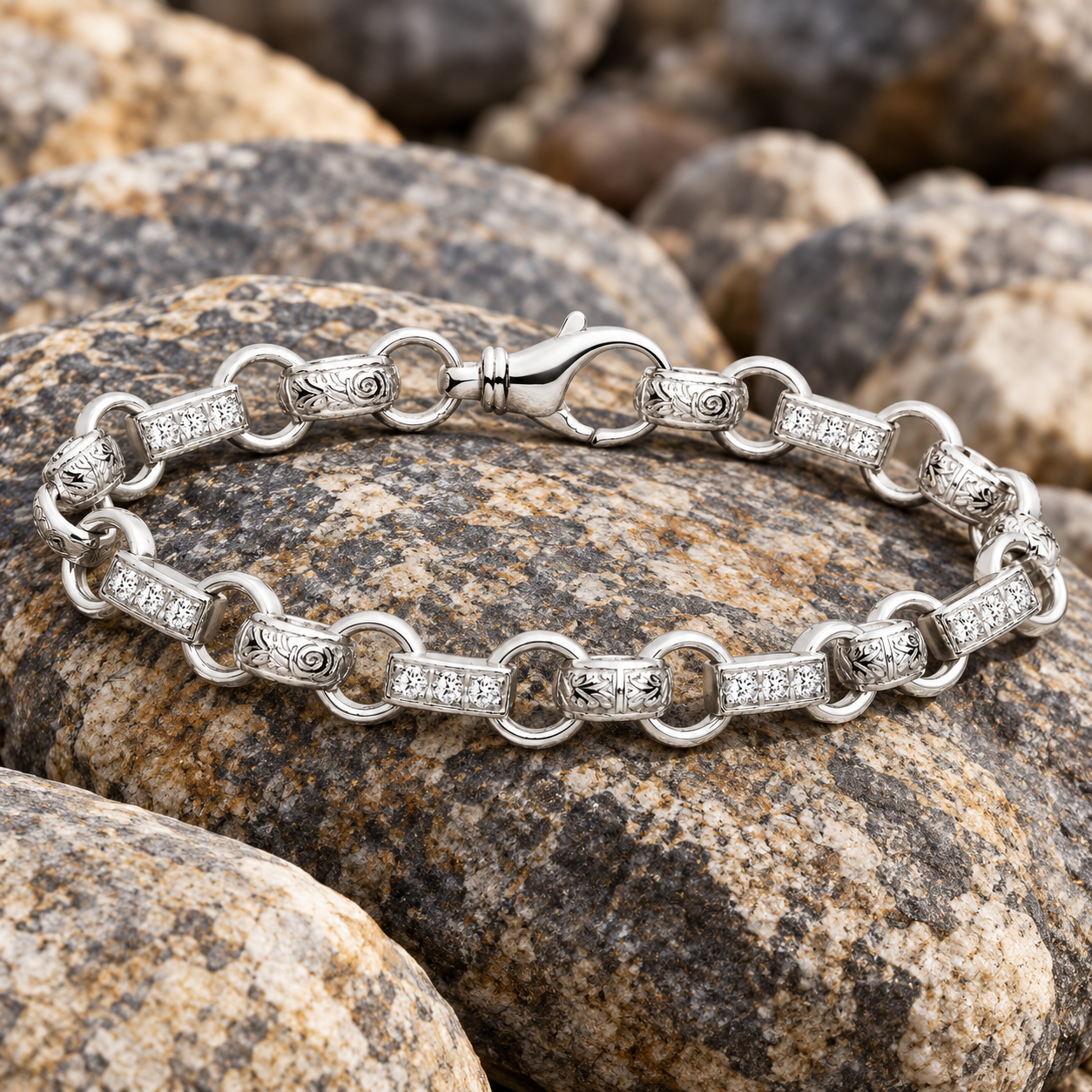 Men's Patterned Belcher Chain Zircon Bracelet Solid Silver Hallmark 9" 9mm Wide