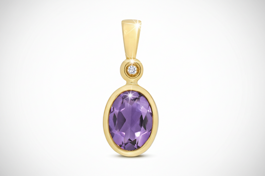 Amethyst and Diamond Oval Solitaire Pendant 9ct Yellow Gold Real Stones