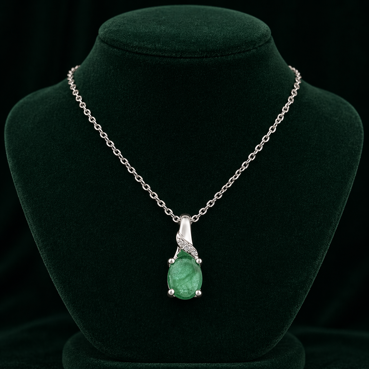 Natural Emerald Oval Pendant Real Diamond Solid White Gold 18" 46cm Length Chain
