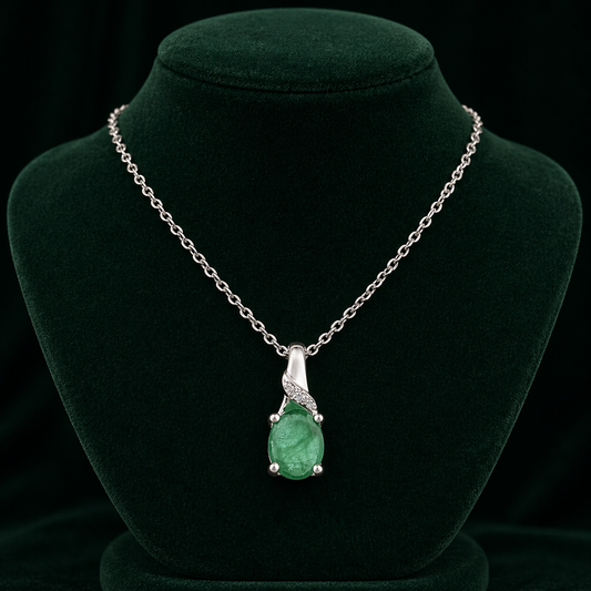 Natural Emerald Oval Pendant Real Diamond Solid White Gold 18" 46cm Length Chain
