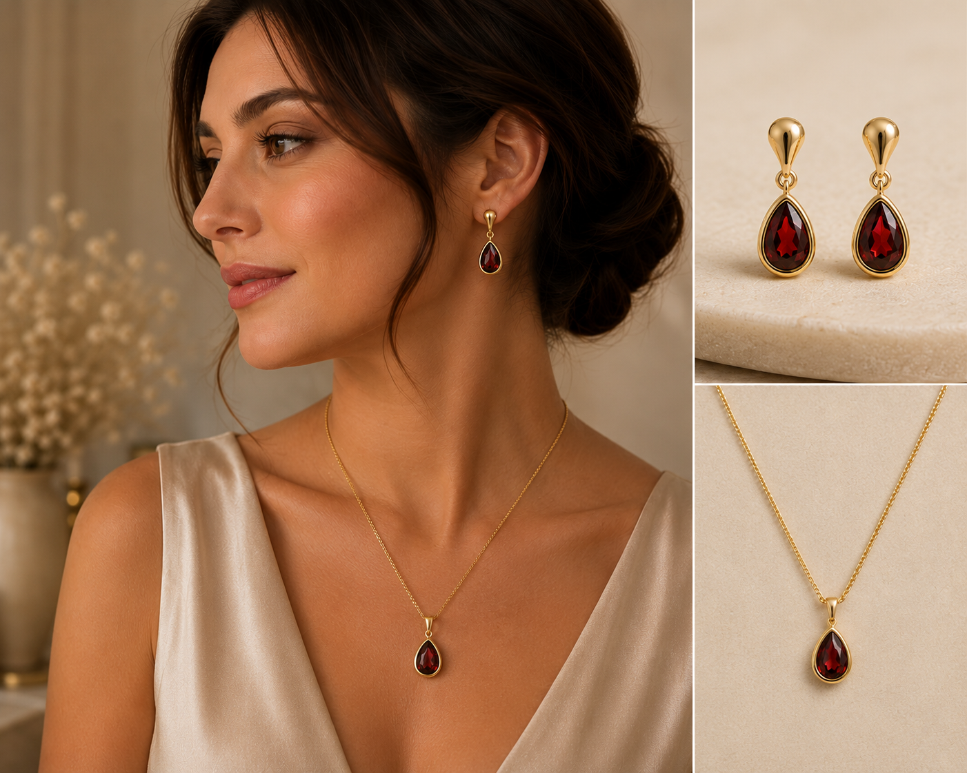 Natural Garnet Pendant and Matching Earrings Teardrop Set Solid Yellow Gold