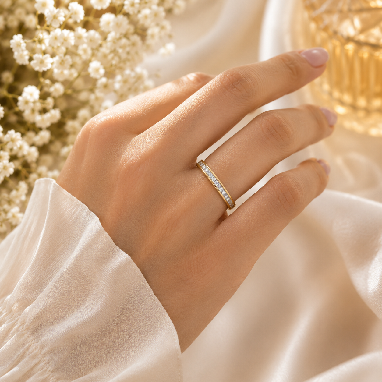 Elegant Channel-Set Princess Wedding Eternity Band in 18ct Gold on Solid Silver