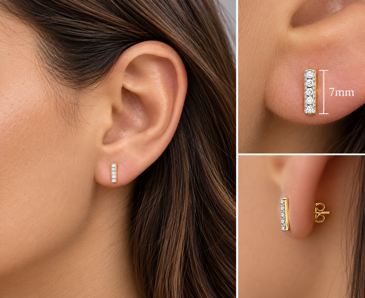 Dimond Bar Stud Earrings 9ct Yellow Gold 7mm Studs 0.07ctw Real Mined Diamonds