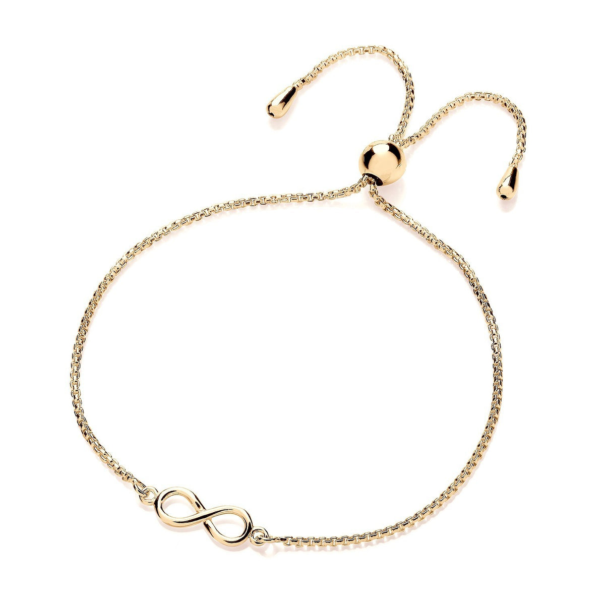 18ct Gold Infinity Adjustable Bolo Slider Bracelet Ball Ends on Solid Silver 925