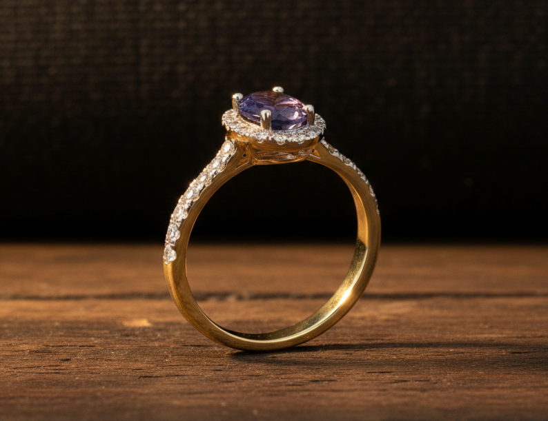 18ct Yellow Gold Tanzanite Ring Halo on Sterling Silver 925 Hallmark Size K-S