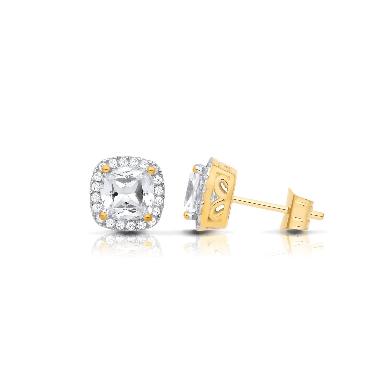Zircon Cushion Cluster Stud Earrings Solid 9ct Yellow Gold Hallmarked