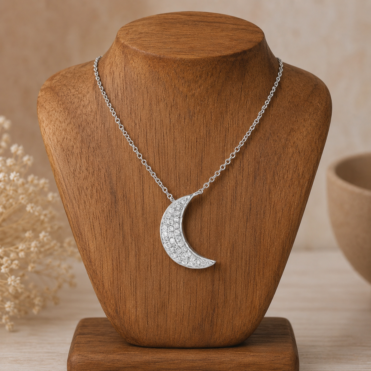 Natural Diamond Crescent Moon Pendant 9ct White Gold 18" Chain Hallmark