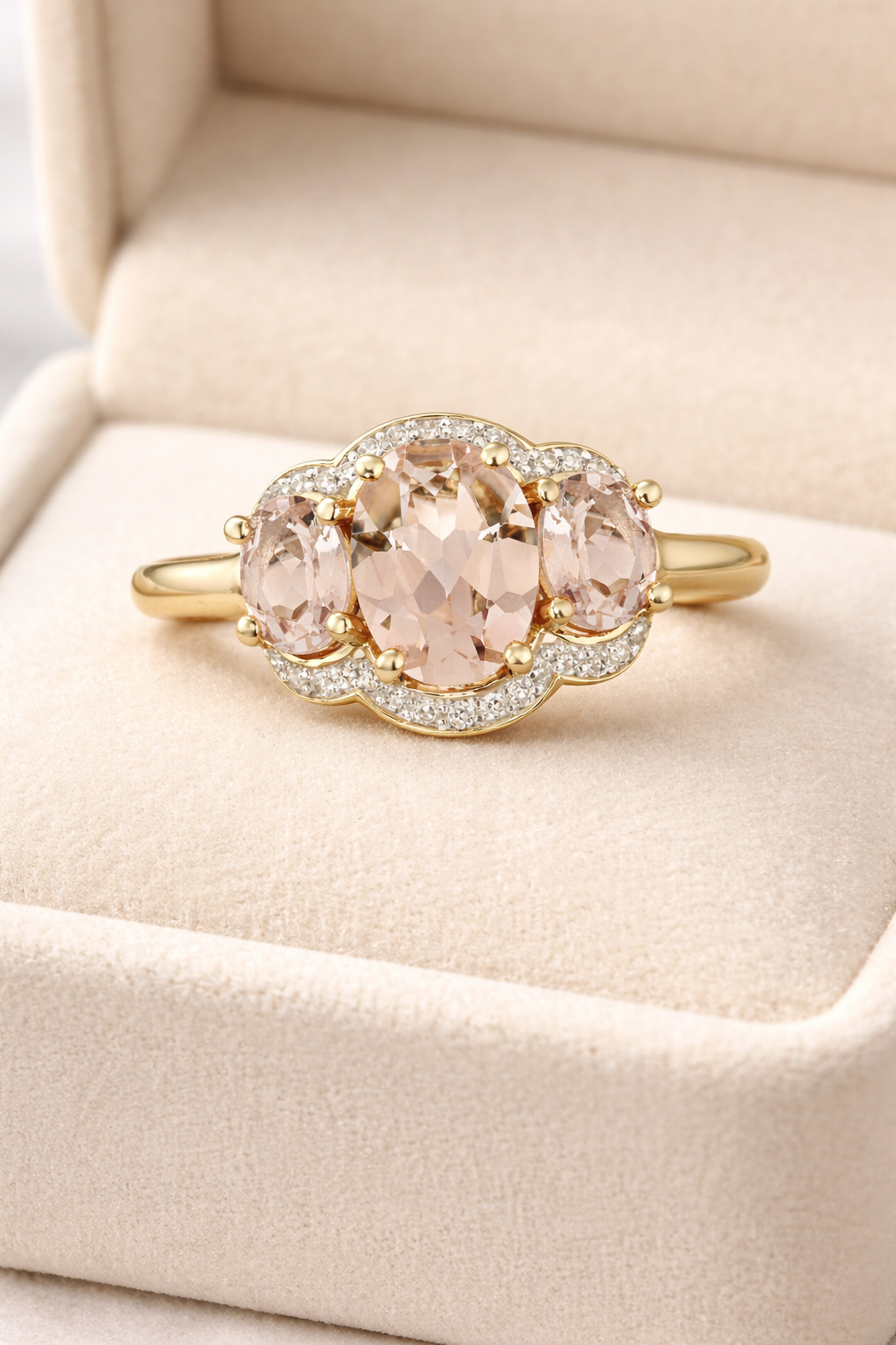 Real Morganite and Diamond Ring 9ct Yellow Gold Three Stone Trilogy Size J - Q