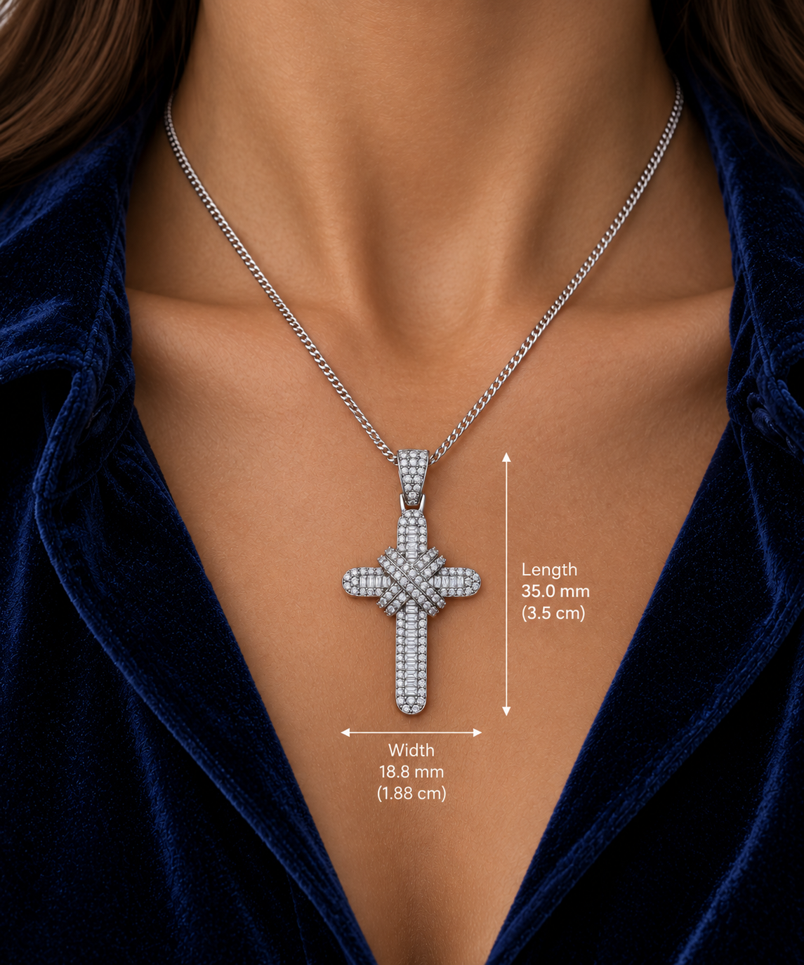 Real Diamond Cross Pendant 9ct White Gold 18" Chain 0.81ctw Baguette & Round