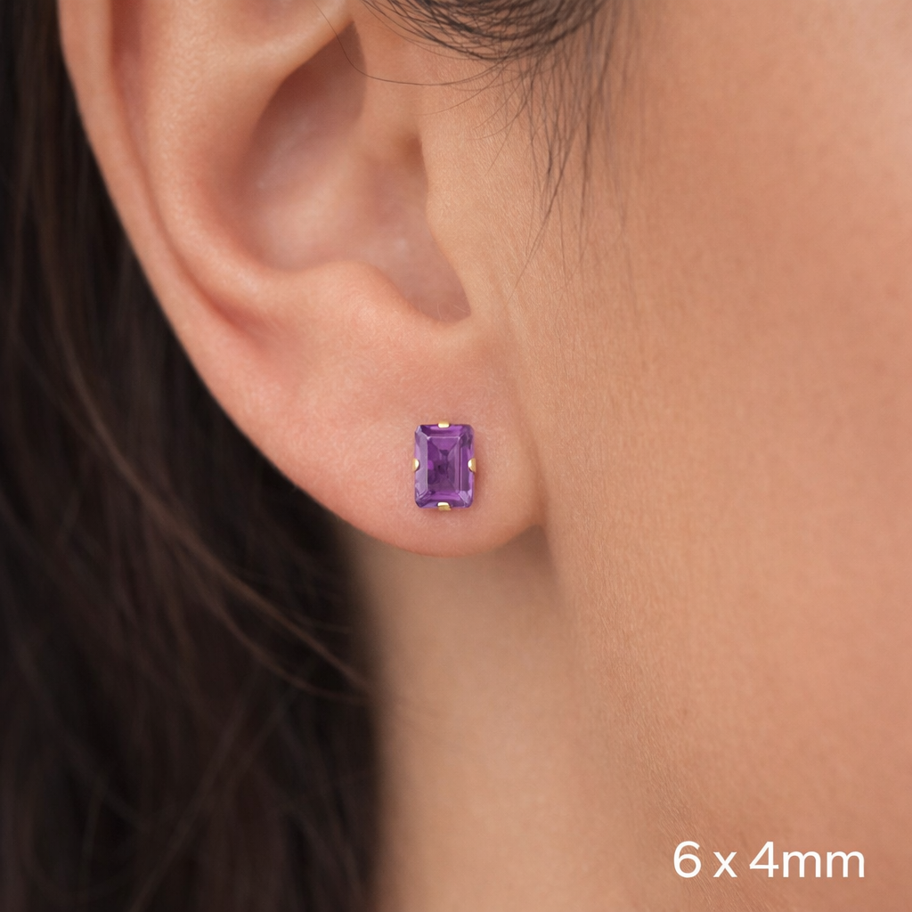 Natural Amethyst Solitaire Stud Earrings 9ct Yellow Gold Emerald Cut Hallmarked