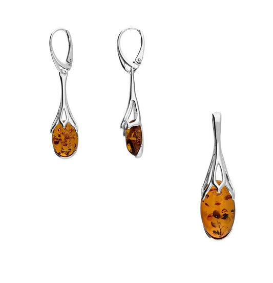 Cognac Amber Sunflower Pendant and Earrings Set Solid Sterling Silver 925