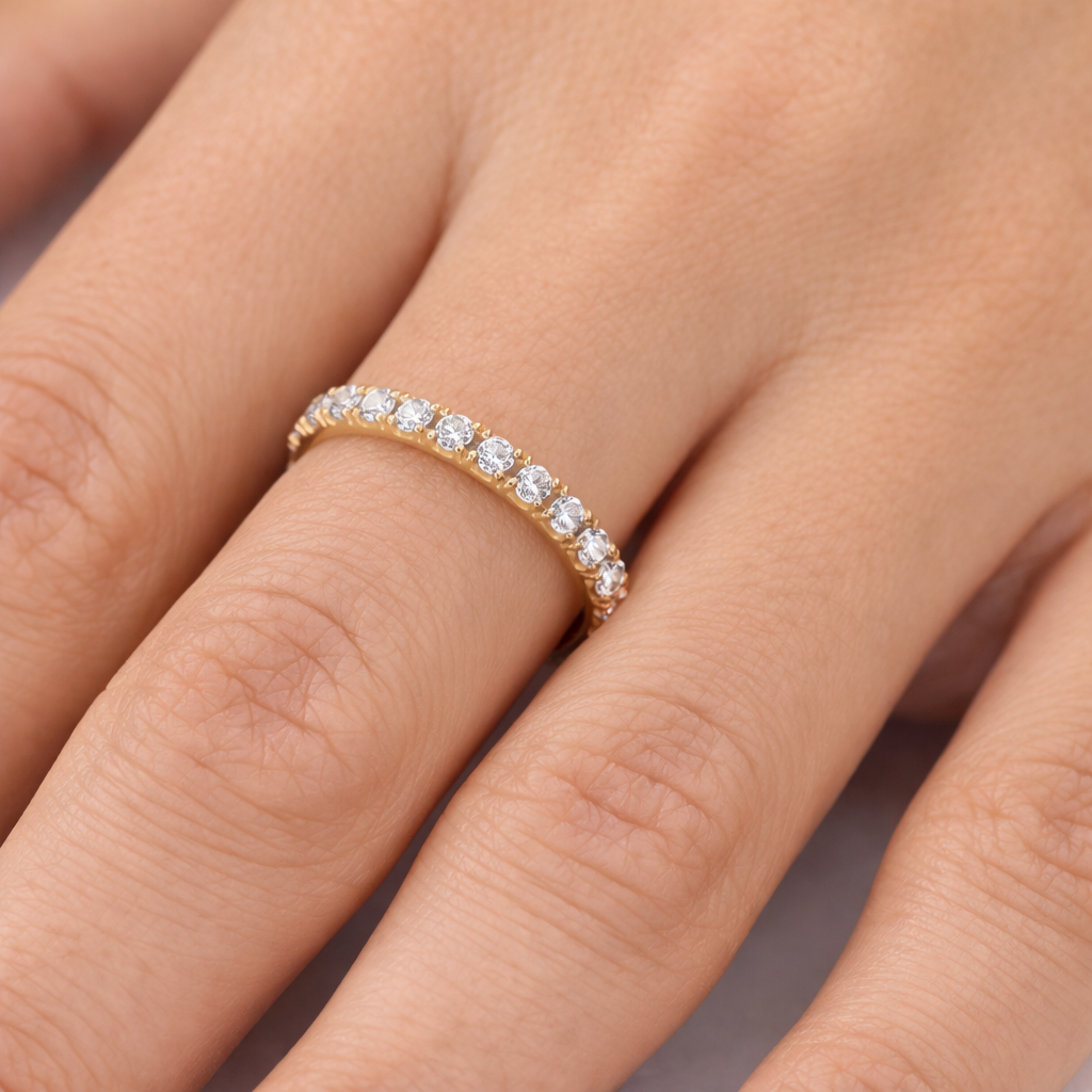 18ct Gold Full Eternity Ring on Solid Sterling Silver 925 Hallmark