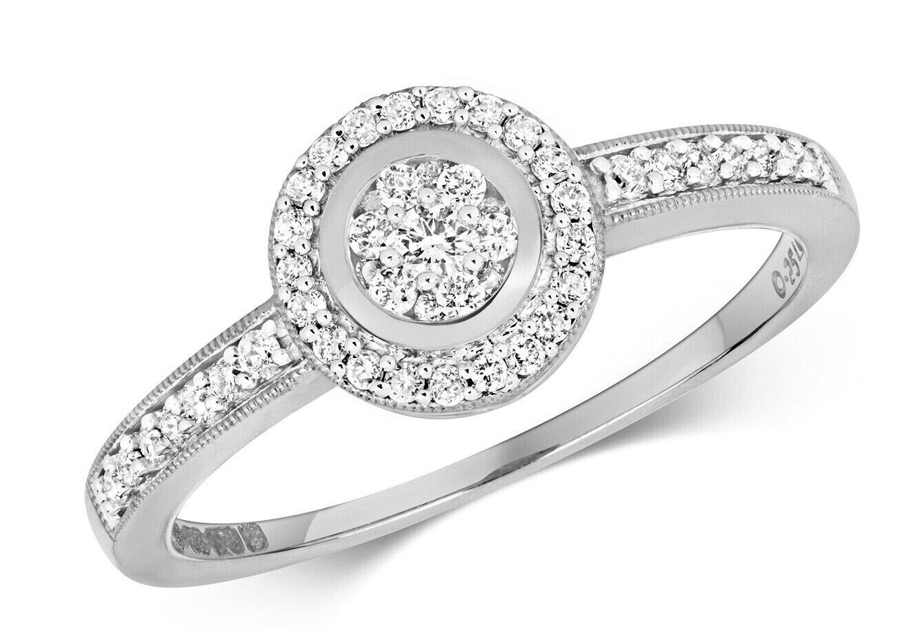 Real Diamond Ring Halo Cluster Engagement 9ct White Gold 0.25ctw Size J - Q
