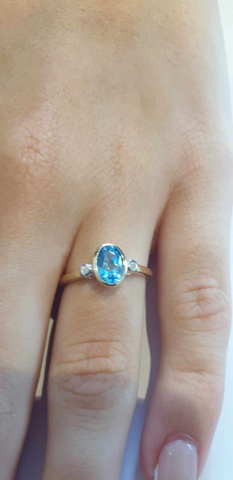 Blue Topaz and Diamond Ring 9ct Yellow Gold Oval Solitaire Real Stones Size J-Q