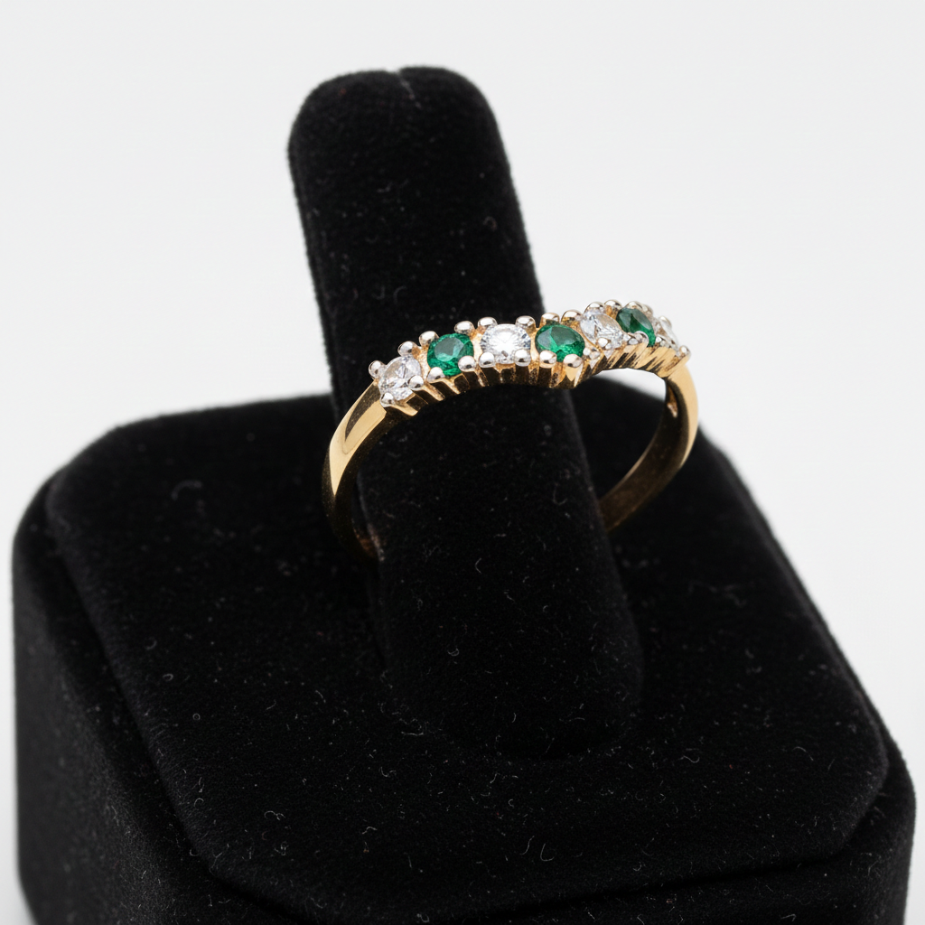 18ct Gold Emerald Wishbone Ring Anniversary Band on Solid Silver Size K-U