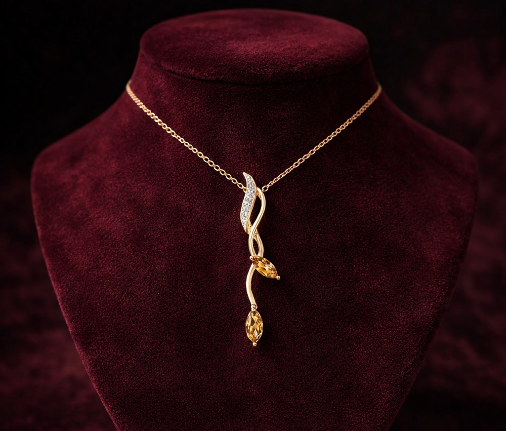 9ct Yellow Gold Citrine Necklace With Diamonds 18" 46cm Length Chain