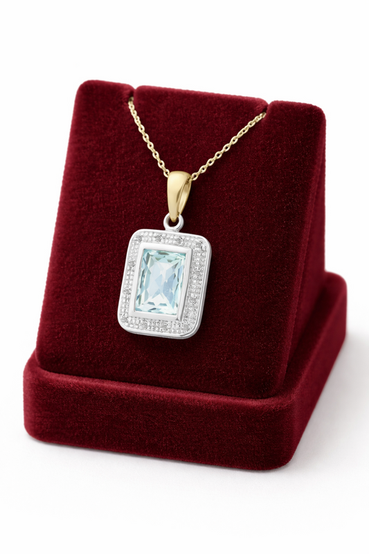 Sky Blue Topaz Pendant With Diamond Halo Solid Yellow Gold 18" 46cm Length Chain