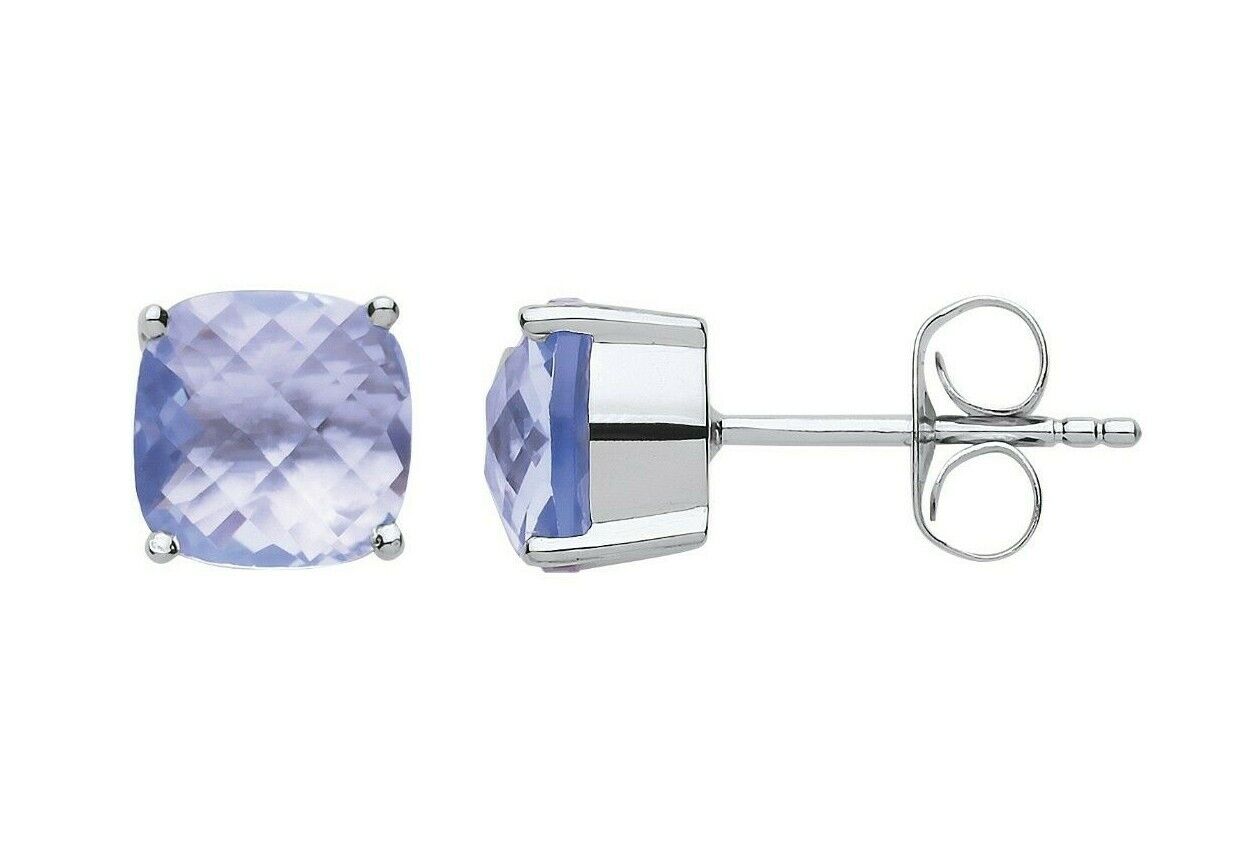 Aquamarine Cushion Solitaire Earrings Sterling Silver Rhodium Plate 925 Hallmark