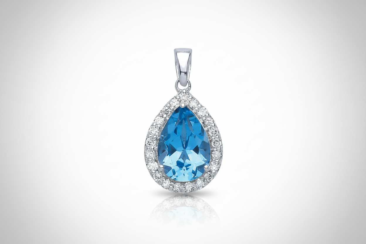 9ct White Gold 0.20ct Diamond 2.50ct Blue Topaz Pear Shape Pendant